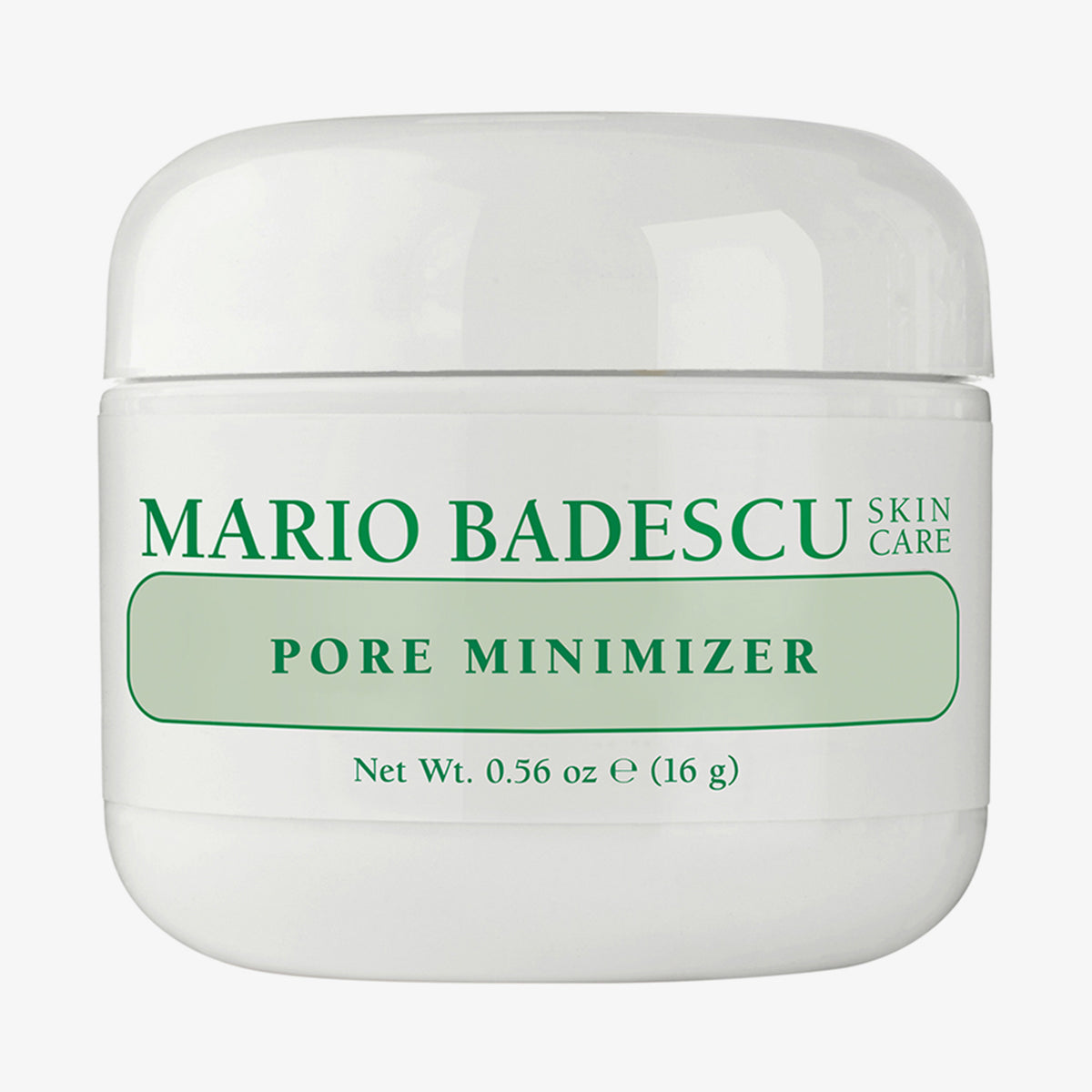 Ein weißer Tiegel mit der Aufschrift Mario Badescu Pore Minimizer, 16 g, ist auf einem weißen Hintergrund abgebildet.