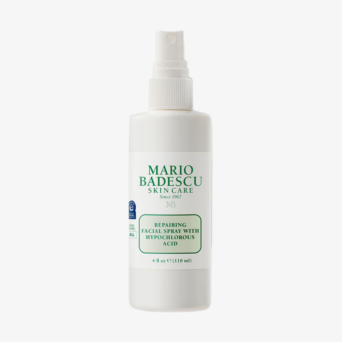 Weiße 118-ml-Sprühflasche von Mario Badescu mit der Aufschrift „Repairing Facial Spray w/ Hypochlorous Acid.“