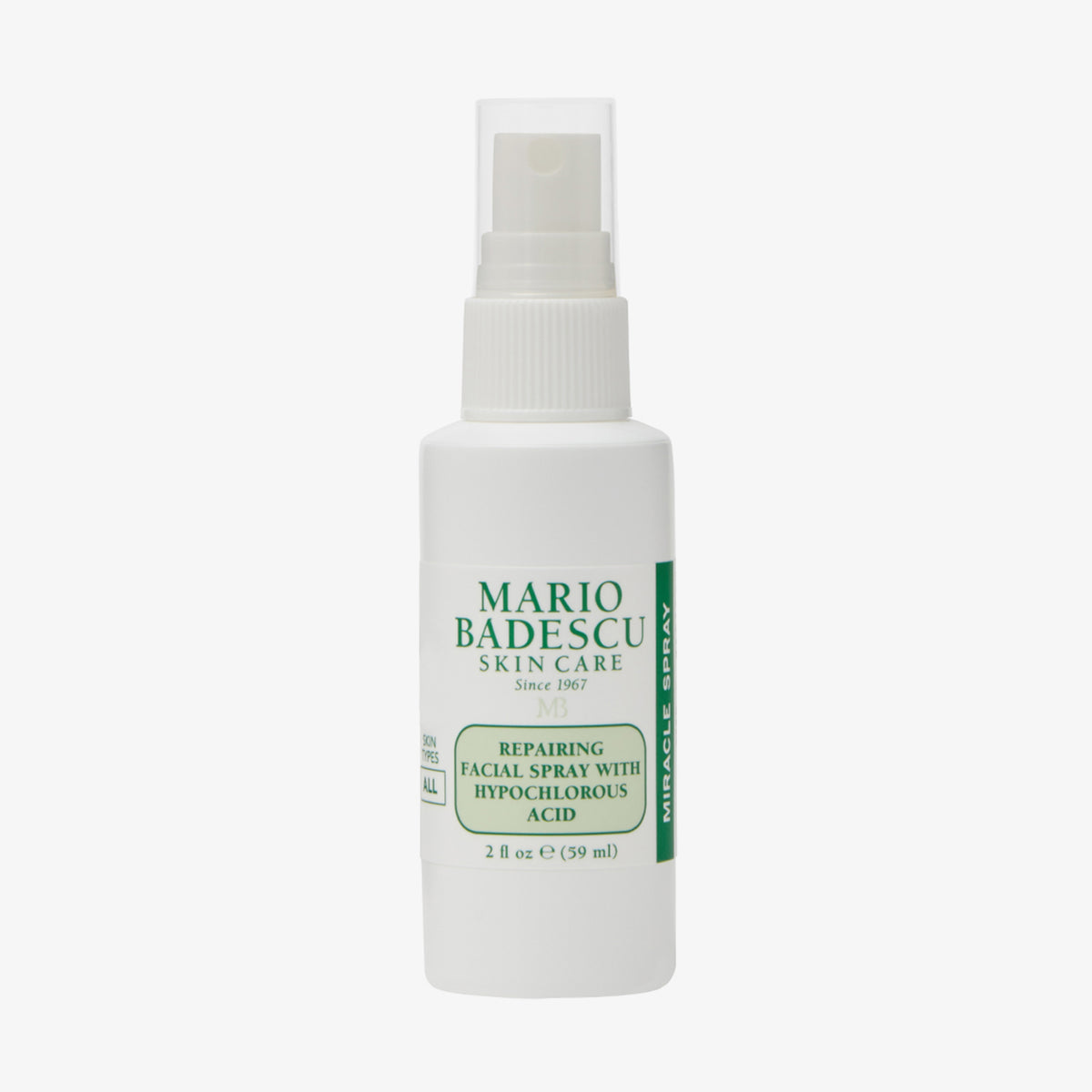 Weiße 59-ml-Sprühflasche von Mario Badescu mit der Aufschrift „Repairing Facial Spray w/ Hypochlorous Acid.“