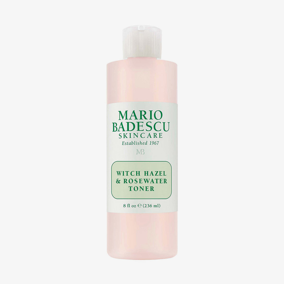 Eine 236ml Flasche Mario Badescu Witch Hazel & Rosewater Toner hat eine weiße Kappe und ein grünes Etikett.