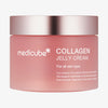 Rosa Tiegel der medicube Collagen Jelly Cream mit roséfarbenem Deckel vor weißem Hintergrund.