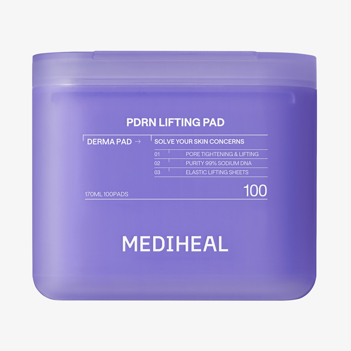 Ein lilafarbener Behälter für die „Mediheal PDRN Lifting Pads“ mit Produktangaben auf dem Etikett auf der Vorderseite.