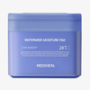 Blauer Mediheal Watermide Moisture Pad-Behälter mit weißer Beschriftung, die die Vorteile der Hautpflege für Tag und Nacht hervorhebt.
