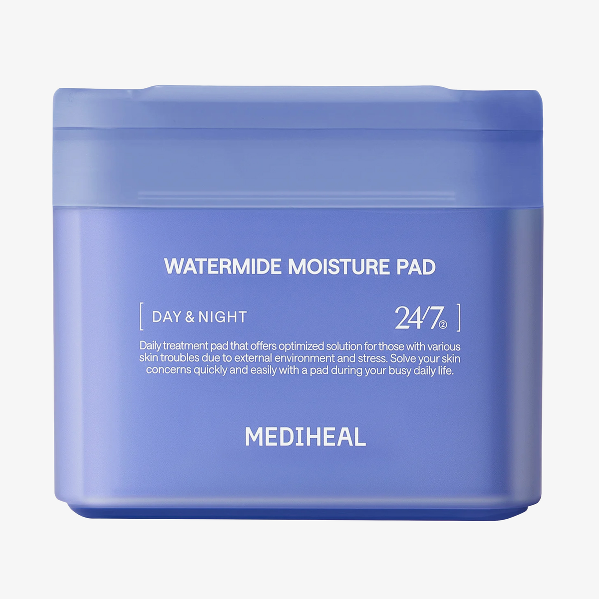 Blauer Mediheal Watermide Moisture Pad-Behälter mit weißer Beschriftung, die die Vorteile der Hautpflege für Tag und Nacht hervorhebt.
