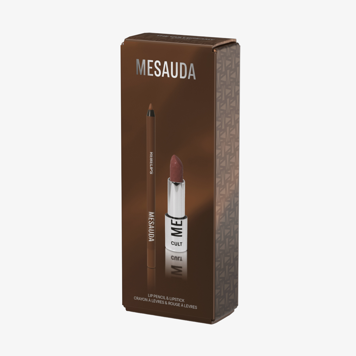 Braun-goldene Schachtel des Mesauda Beauty CULT CREAMY LIP KIT, bestehend aus Lippenstift und Lippenstift mit Produktabbildungen und Text auf der Verpackung.