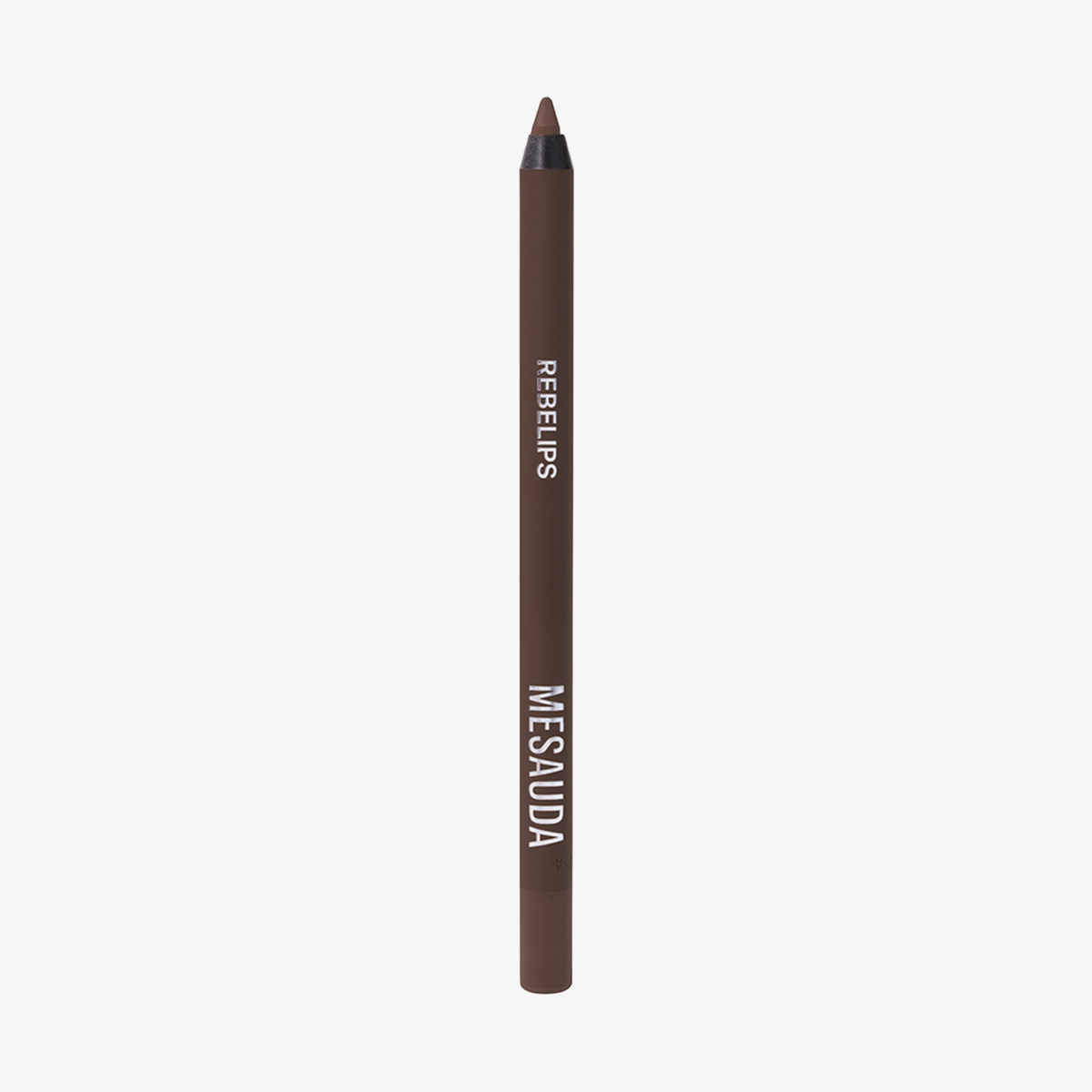 Ein brauner Lippenkonturenstift von Mesauda Beauty Rebelips steht aufrecht auf einem weißen Hintergrund.
