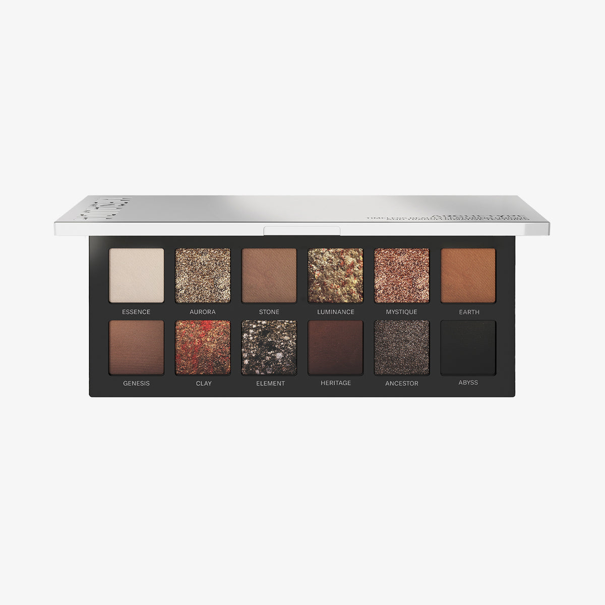 Die halbgeöffnete ARCHETYPE Lidschattenpalette von Mesauda Beauty, die 12 neutrale und metallische Farbtöne in zwei Reihen enthält.