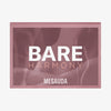 Eine rechteckige Make-up-Palette mit dem Namen Bare Harmony von Mesauda Beauty, auf deren Vorderseite "BARE HARMONY" und "MESAUDA" stehen.