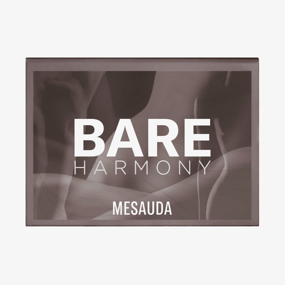 Rechteckige Make-up-Palette Bare Harmony 2.0 von Mesauda Beauty mit abstraktem Hintergrund in Nude-Tönen.
