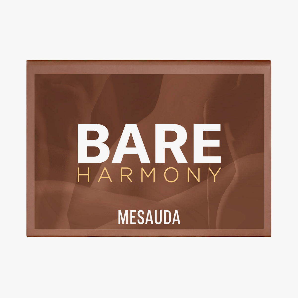 Rechteckige braune Make-up-Palette mit Bare Harmony 2.0 und Mesauda Beauty auf der Vorderseite.