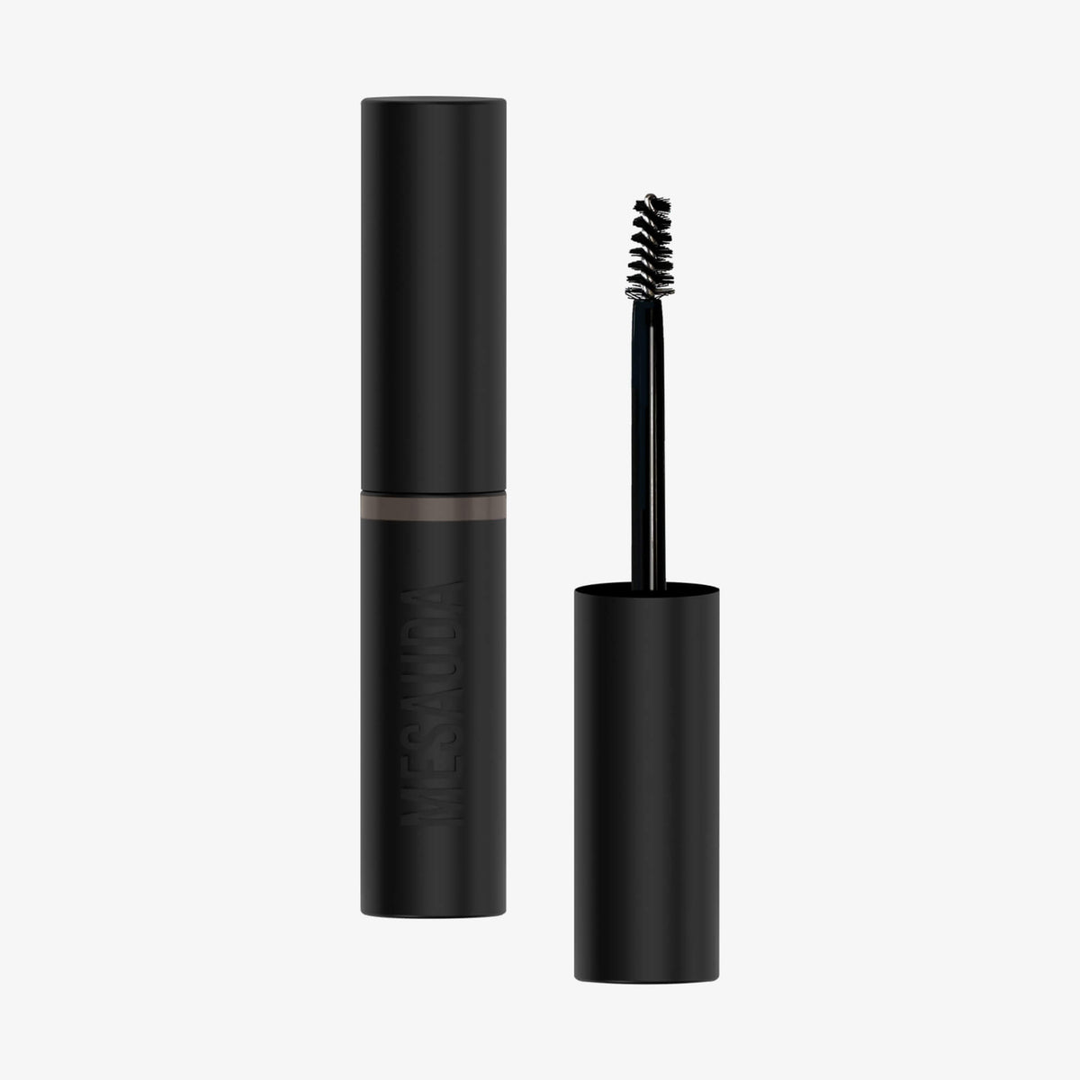 Mesauda Beauty Brow a Spell Augenbrauengel in Schwarz, abgebildet mit dem Applikator und dem geöffneten Deckel neben der Tube.