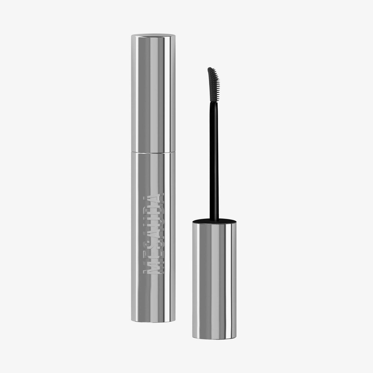Mesauda Beauty Brow Glaminate - 101 Clear wird geöffnet gezeigt, mit der silbernen Tube und dem gebogenen Bürstenstab, die Kappe steht aufrecht daneben.