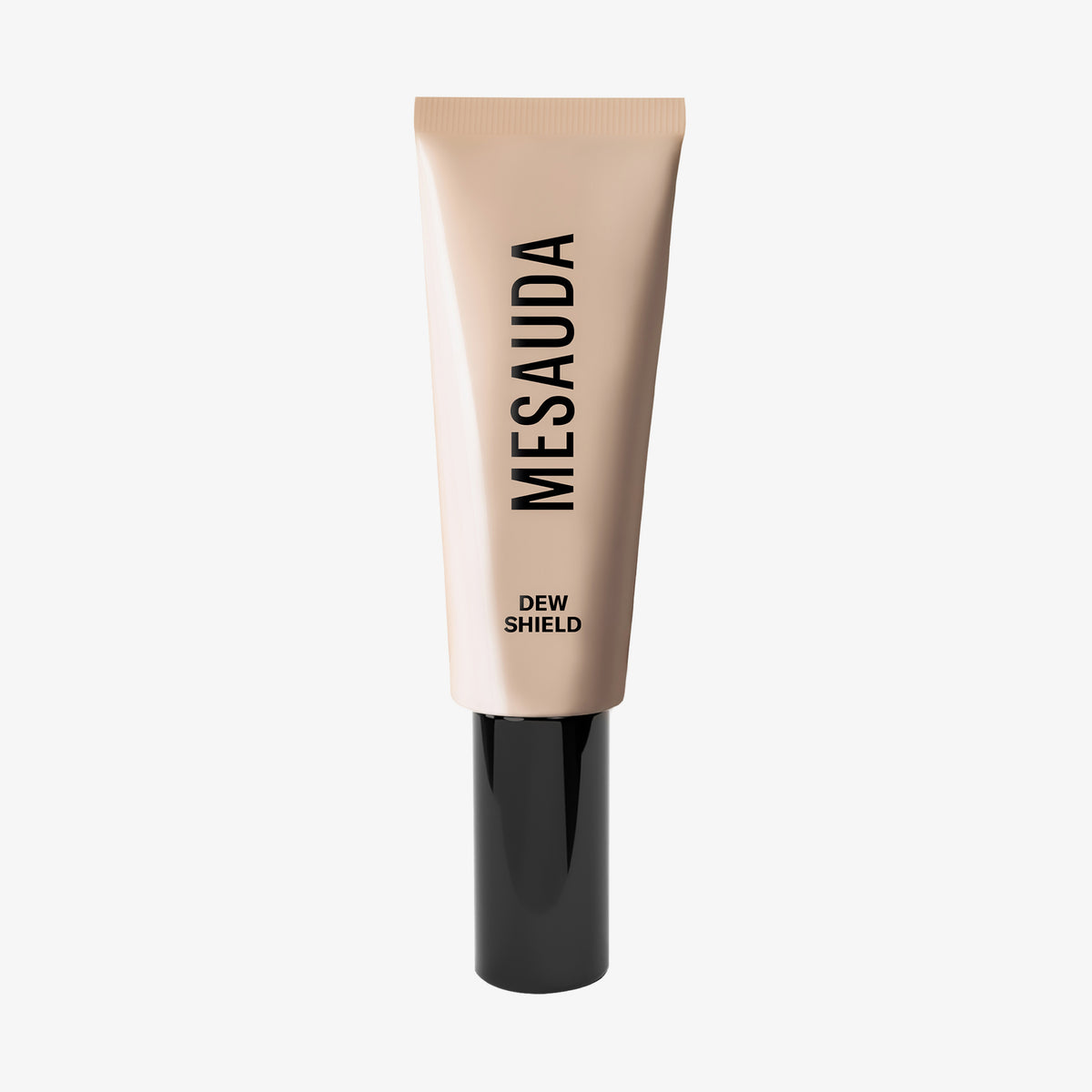 Eine beigefarbene Mesauda Beauty Dew Shield-Tube mit schwarzer Kappe steht aufrecht auf einem weißen Hintergrund.