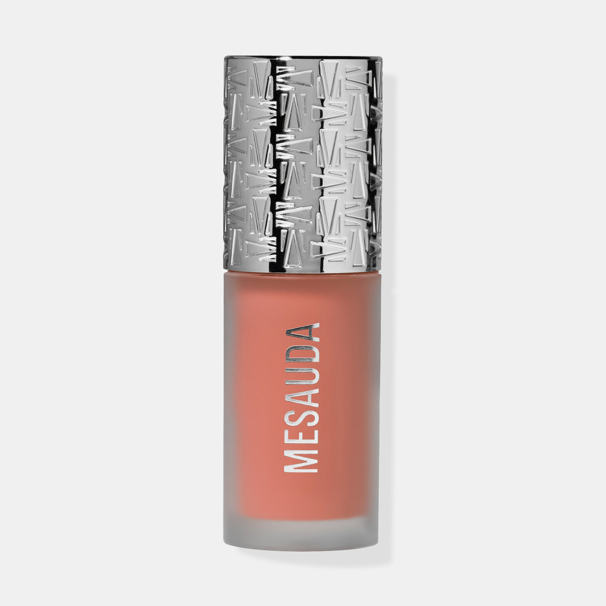 Die Flasche Flush of Blush Peach Delight von Mesauda mit silbergemustertem Deckel und pfirsichfarbenem Inhalt.