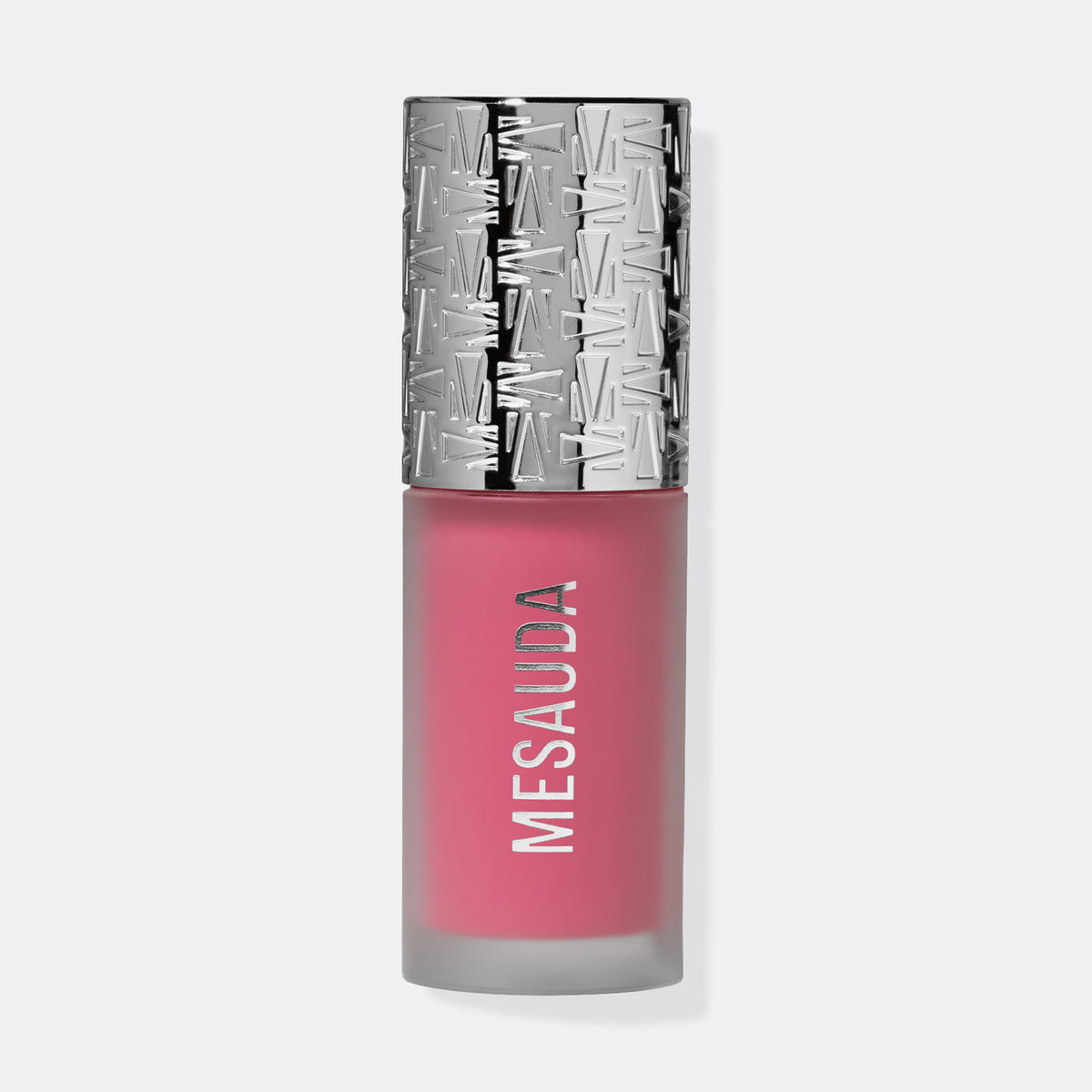 Die Flasche Flush of Blush Petal Pink von Mesauda mit silbergemustertem Deckel und pinkem Inhalt.
