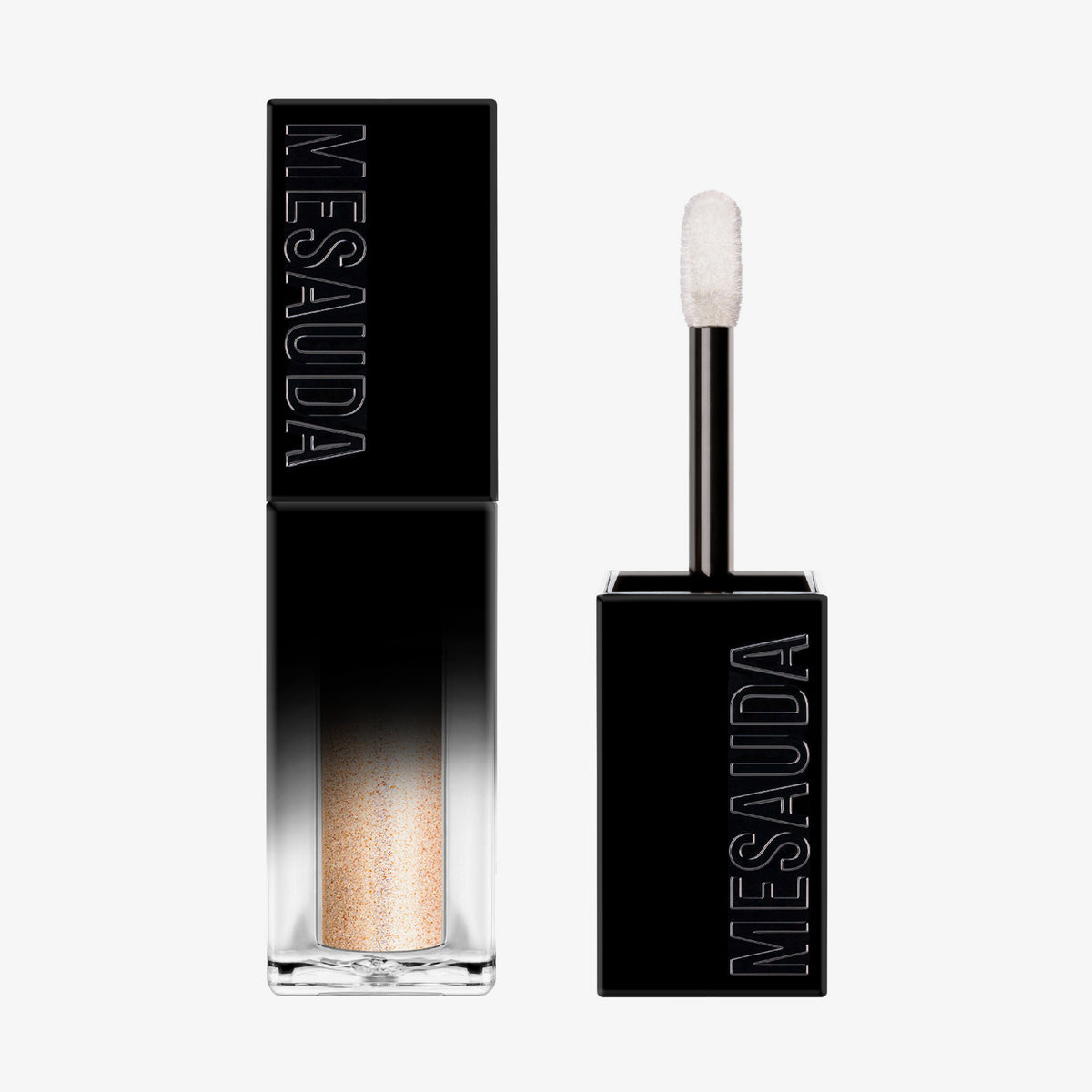 Der Galactic Shadow Flüssigliedschatten von Mesauda Beauty in einer rechteckigen Tube mit dem Deckel und Applikator daneben.
