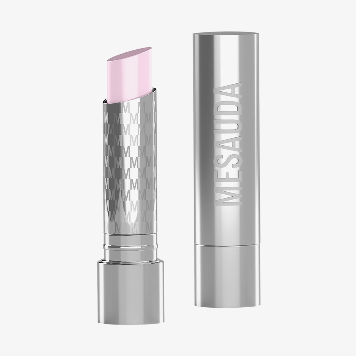 Eine silberne Tube des Lippenstifts Mesauda Beauty Hydramorphosis in einem hellen Rosaton wird ohne Deckel daneben gestellt.