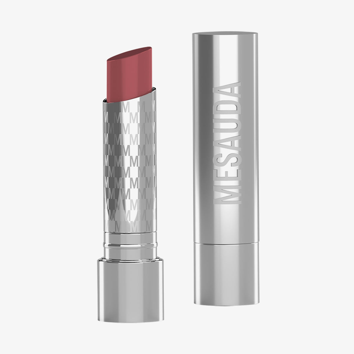 Mesauda Beauty Hydramorphosis Lippenstift in einer silbernen Tube mit daneben stehender Kappe, die einen mauve-rosa Farbton zeigt.