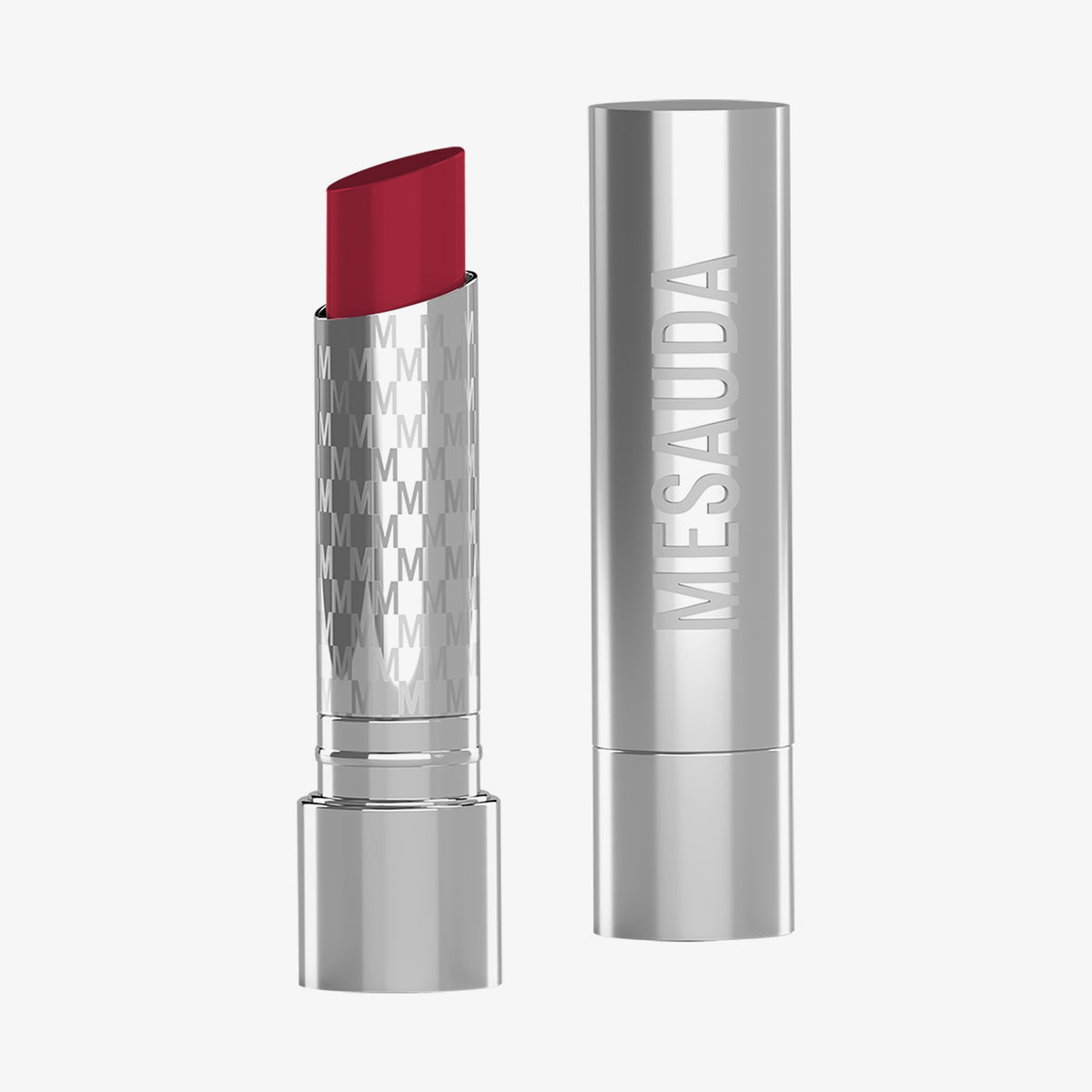 Eine silberne, geöffnete tube des Messauda Beauty Hydramorphosis Lippenstifts, der Deckel steht daneben.
