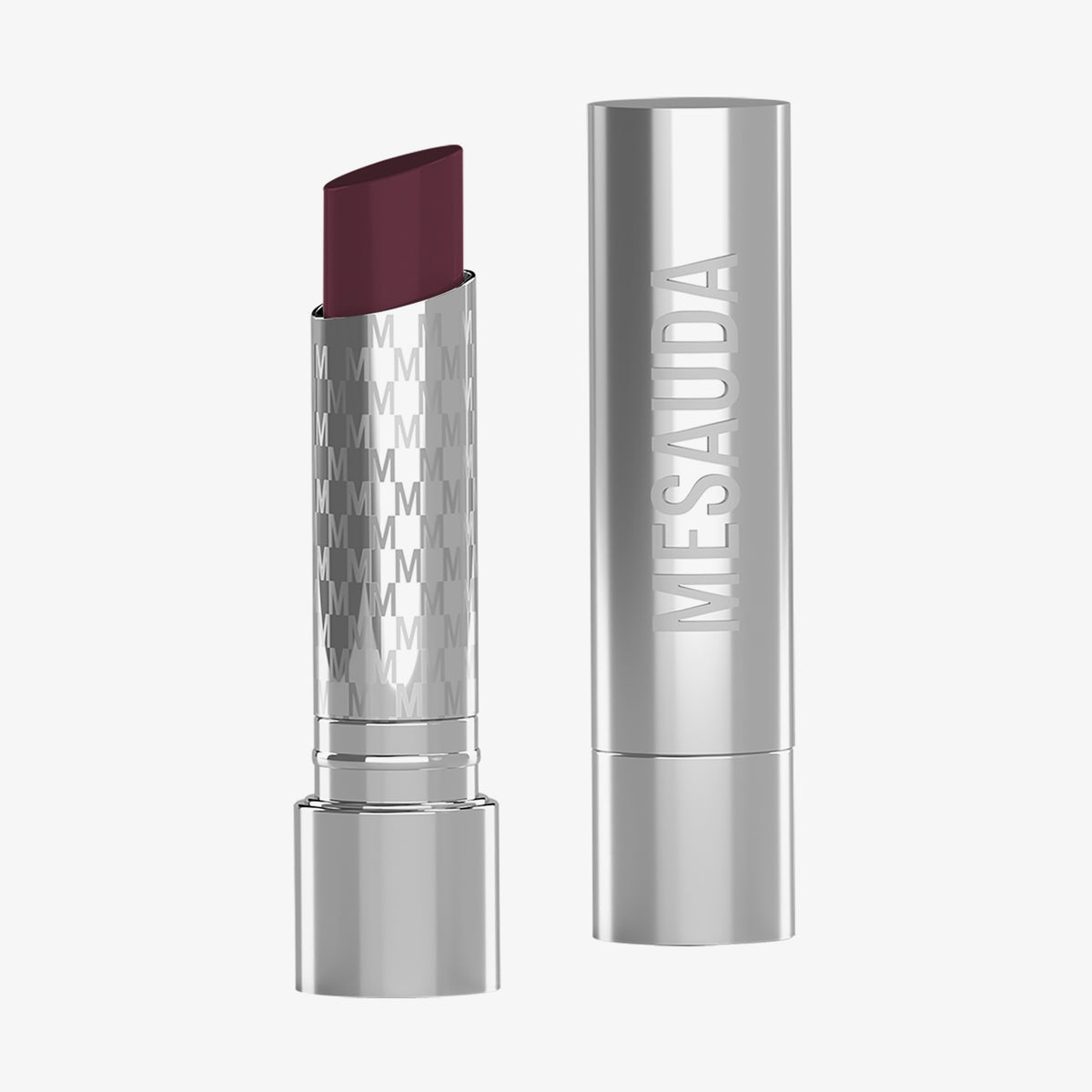 Eine silberne, geöffnete tube des Messauda Beauty Hydramorphosis Lippenstifts, der Deckel steht daneben.
