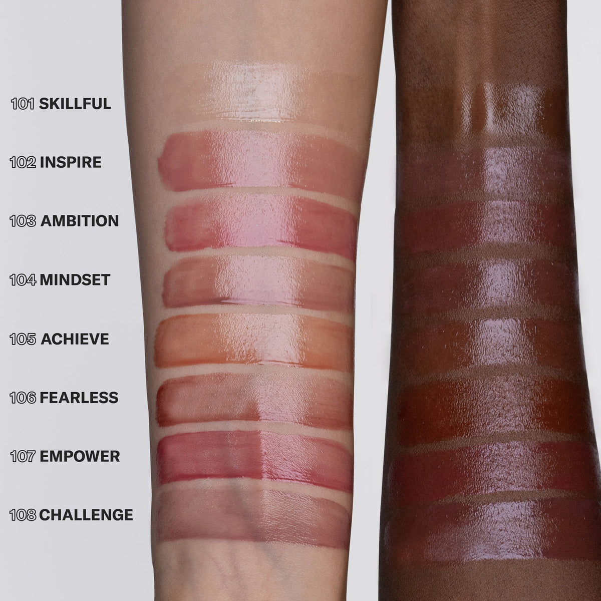 Zwei Arme mit unterschiedlichen Hauttönen die die verschiedenen Farben des  Hydramorphosis Lippenstifts von Mesauda Beauty zeigen.