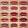 Farbübersicht der Nabla Cosmetics Beyond Blurry Lipstick Kollektion mit 15 matten Lippenstift-Nuancen auf den Lippen dargestellt.