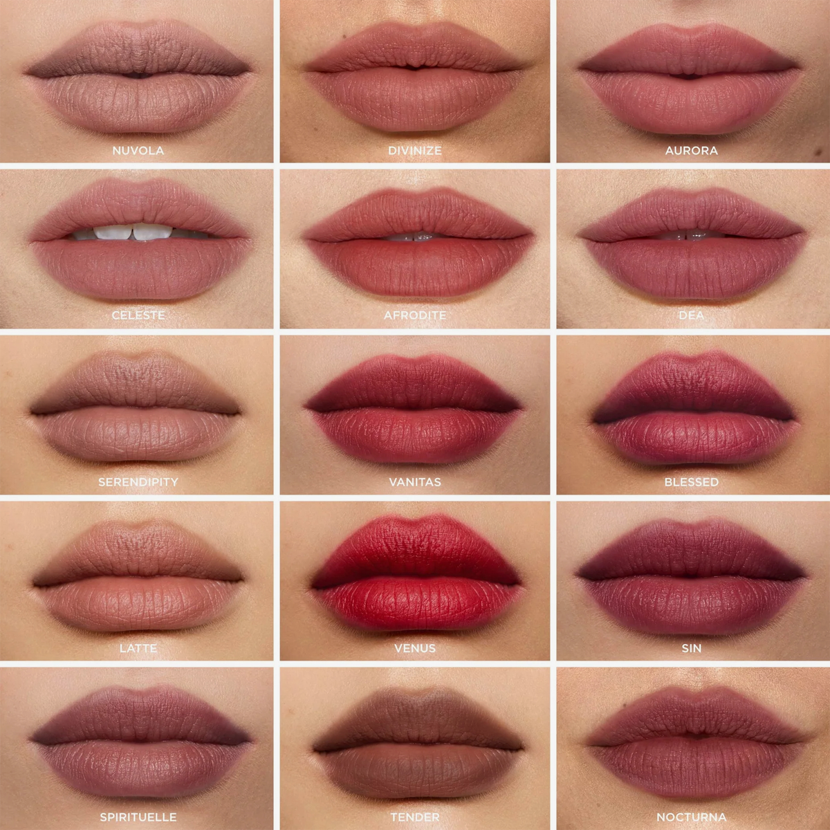 Farbübersicht der Nabla Cosmetics Beyond Blurry Lipstick Kollektion mit 15 matten Lippenstift-Nuancen auf den Lippen dargestellt.