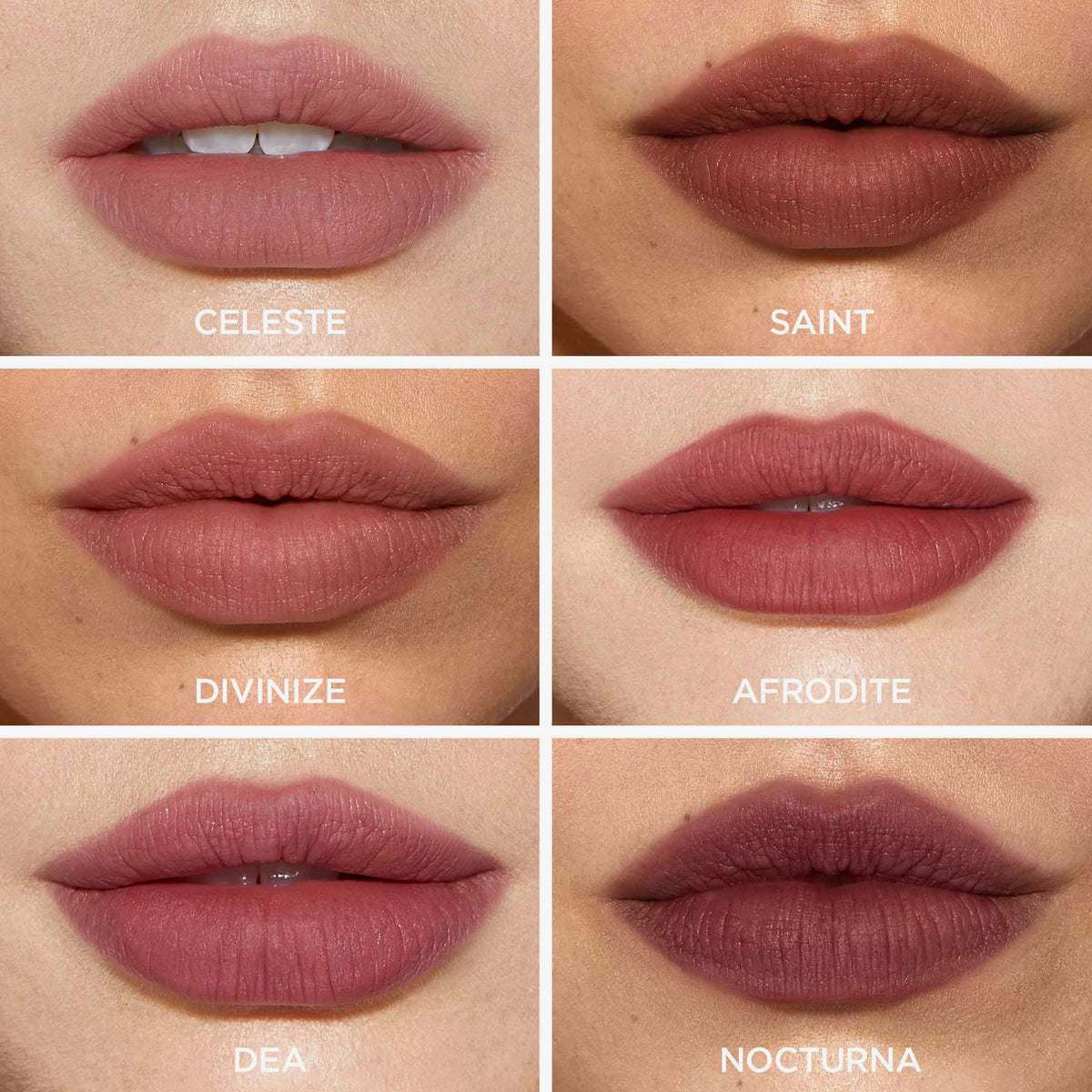 Eine Übersicht der sechs verschiedenen Farben des Beyond Blurry Lipsticks, jeweils als Beispiel auf Lippen aufgetragen präsentiert: Celeste, Saint, Divinize, Afrodite, Dea und Nocturna.