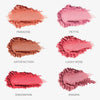 Sechs Farbtöne von Close-Up Blurring Powder Blush auf weißem Hintergrund, jeder mit seinem Namen beschriftet.
