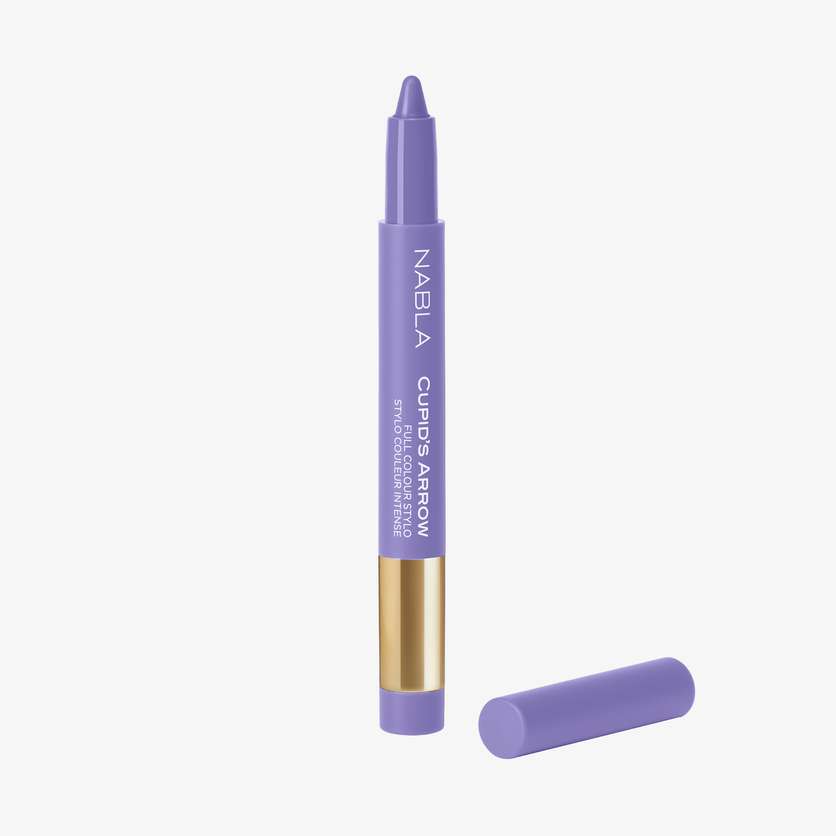 Ein lilafarbener NABLA Cosmetics Cupids Arrow Longwear Stylo Lippenstift mit einem goldenen Band und ohne Kappe.