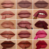 Farbübersicht der Nabla Cosmetics Matte Pleasure Lipstick Kollektion mit 15 matten Lippenstift-Nuancen auf den Lippen dargestellt.