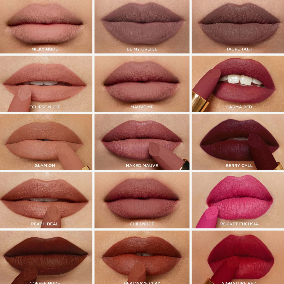 Farbübersicht der Nabla Cosmetics Matte Pleasure Lipstick Kollektion mit 15 matten Lippenstift-Nuancen auf den Lippen dargestellt.