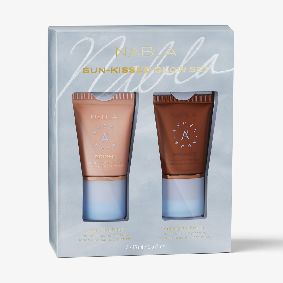 Das NABLA Cosmetics Sun-Kissed Glow Set besteht aus zwei Tuben mit den Bezeichnungen Bright und Bronze, verpackt in einer blau-goldenen Schachtel.
