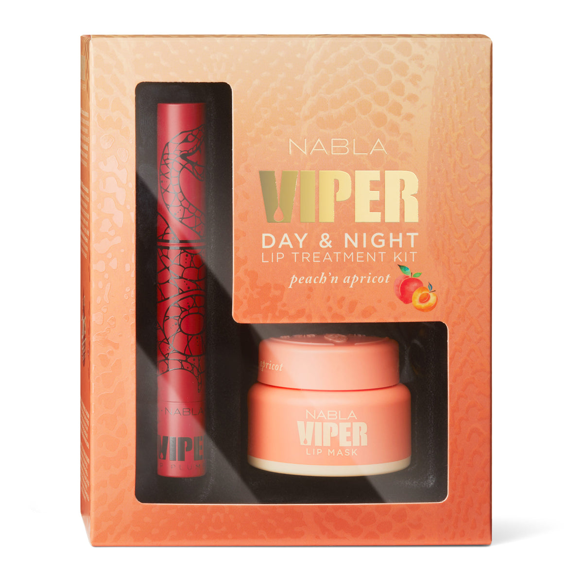 Das Viper Kit Peach'n Apricot beinhaltet eine Lippenmaske und ein Lippenprodukt in einer pfirsichfarbenen Box für die Tages- und Nachtpflege.