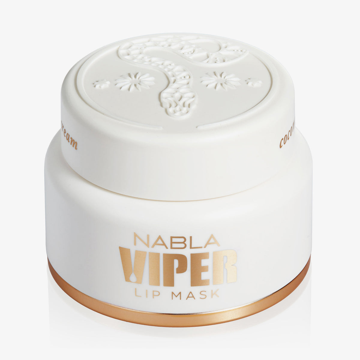 Weiße Dose mit Viper Lip Mask – Coconut Cream von Nabla, mit goldenen Akzenten und geprägtem Blumen- und Schlangendesign auf dem Deckel.