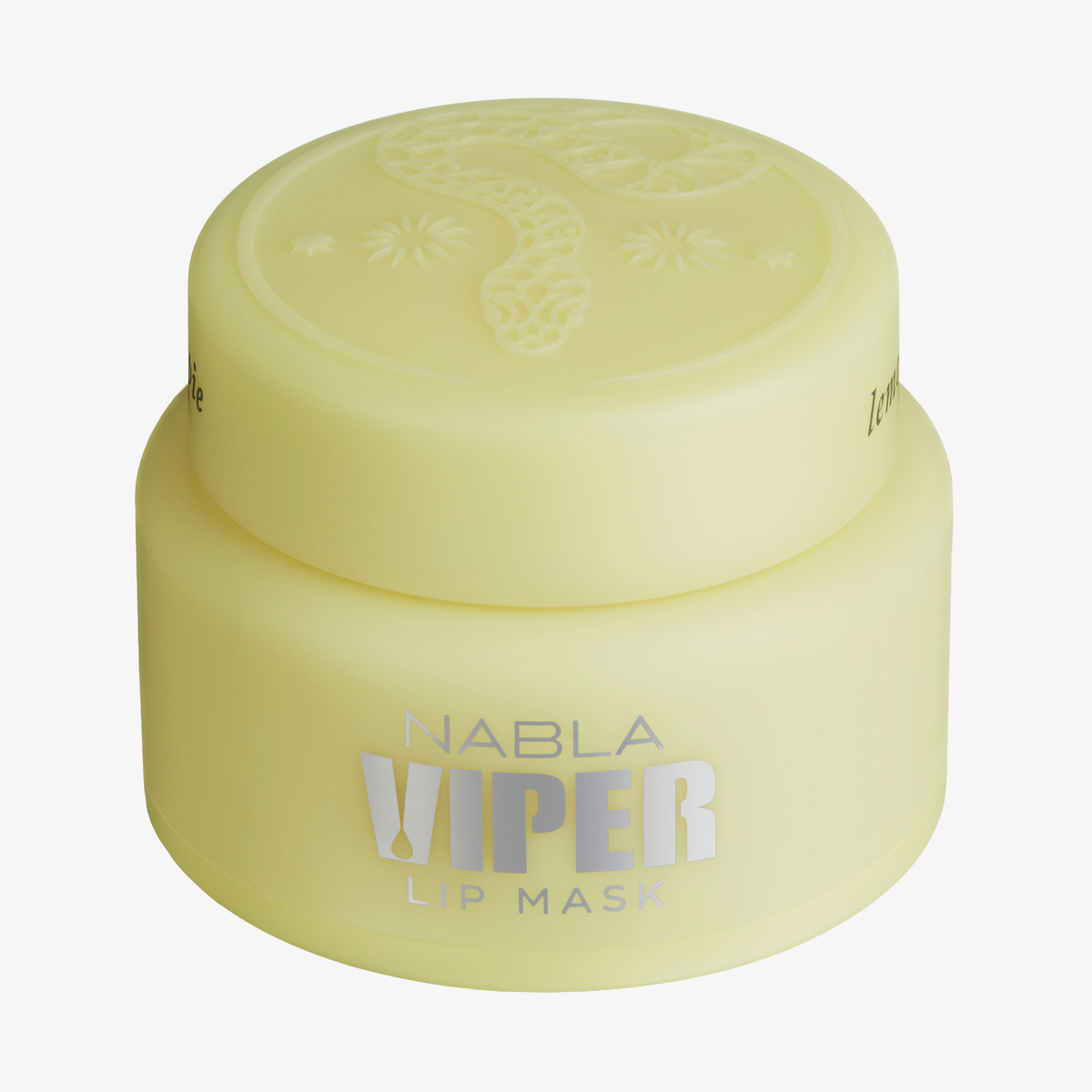 Gelb Dose mit Viper Lip Mask – Lemon Pie von Nabla, mit silbernen Akzenten und geprägtem Blumen- und Schlangendesign auf dem Deckel.