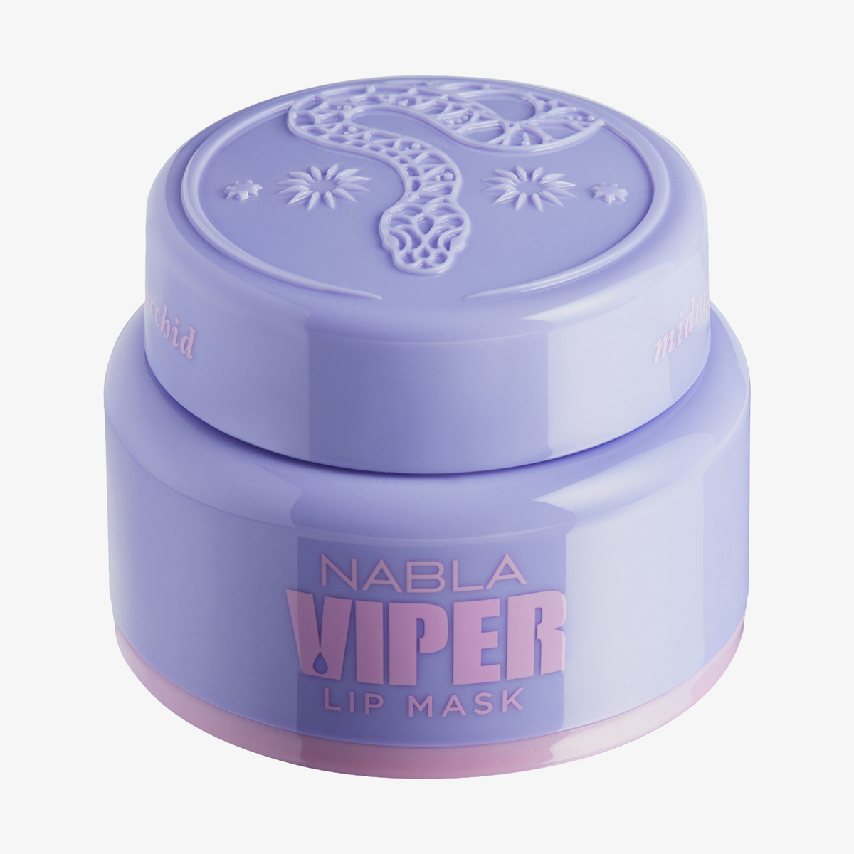 Lila Dose mit Viper Lip Mask – Midnight Orchid von Nabla, mit rosanen Akzenten und geprägtem Blumen- und Schlangendesign auf dem Deckel.
