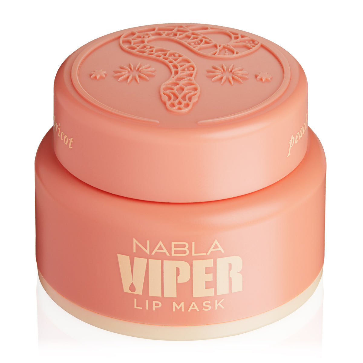 Pfirsichfarbene Dose mit Viper Lip Mask – Peach n Apricot von Nabla, mit beigen Akzenten und geprägtem Blumen- und Schlangendesign auf dem Deckel.