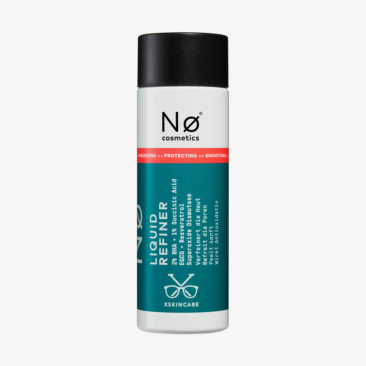 Eine Flasche Easy Tøday Liquid Refiner mit schwarzem Deckel und blaugrünem, weißem und rotem Etikett.