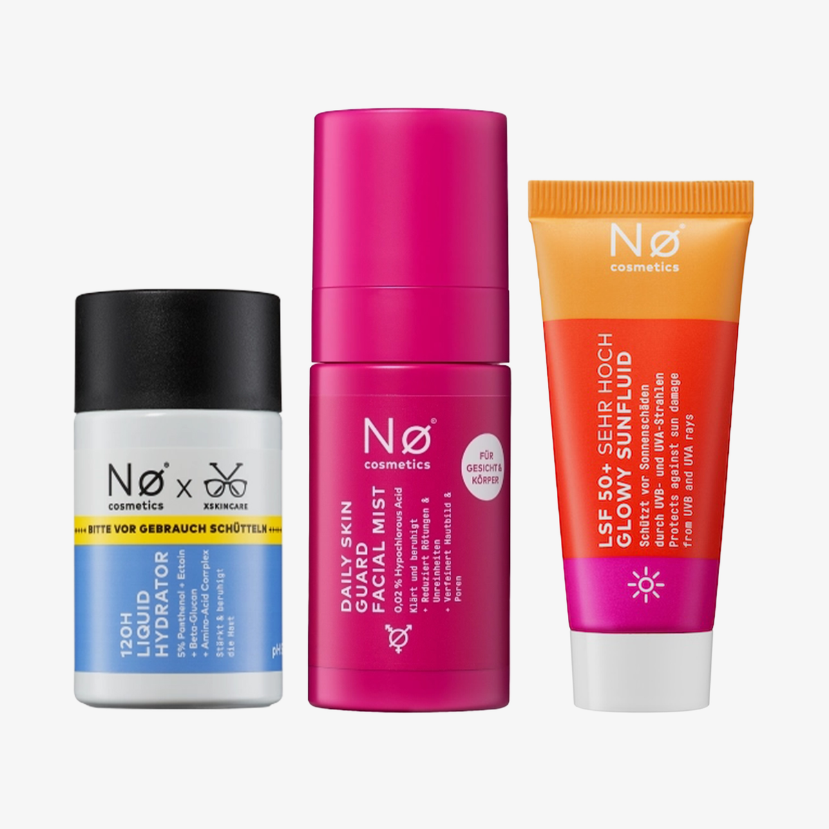 Das „Hydration Mini Bundle“ von Nø Cosmetics – bestehend aus drei unverzichtbaren Hautpflegeprodukten – steht aufrecht.