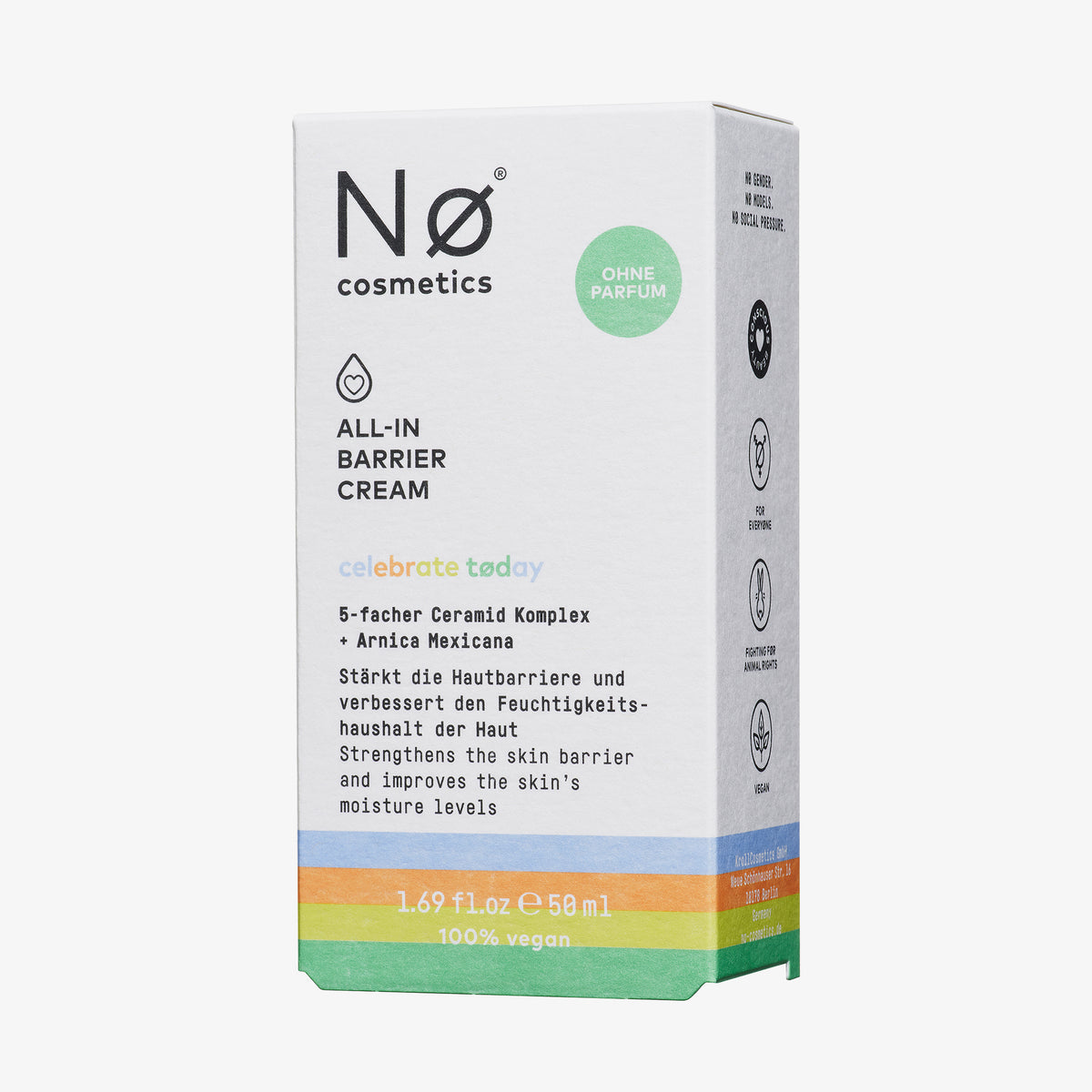 Eine Schachtel „Celebration Tøday All-In Barrier Cream“ mit Produktdetails und bunten Akzentstreifen.