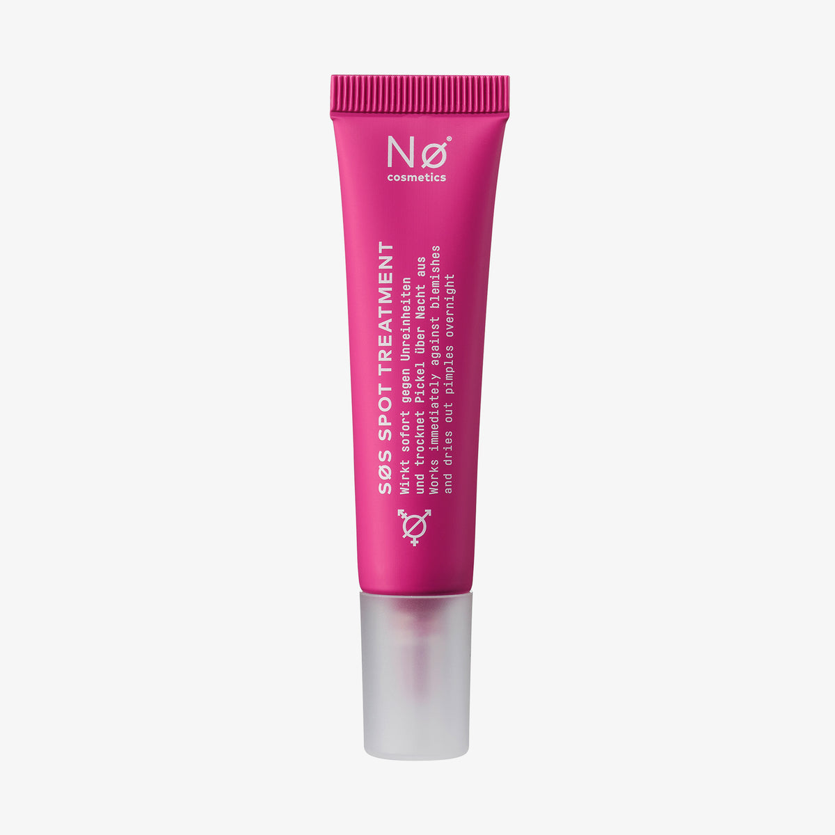 Eine rosafarbene Tube von erase tønight SØS Spot Treatment von Nø Cosmetics steht aufrecht auf einem weißen Hintergrund.