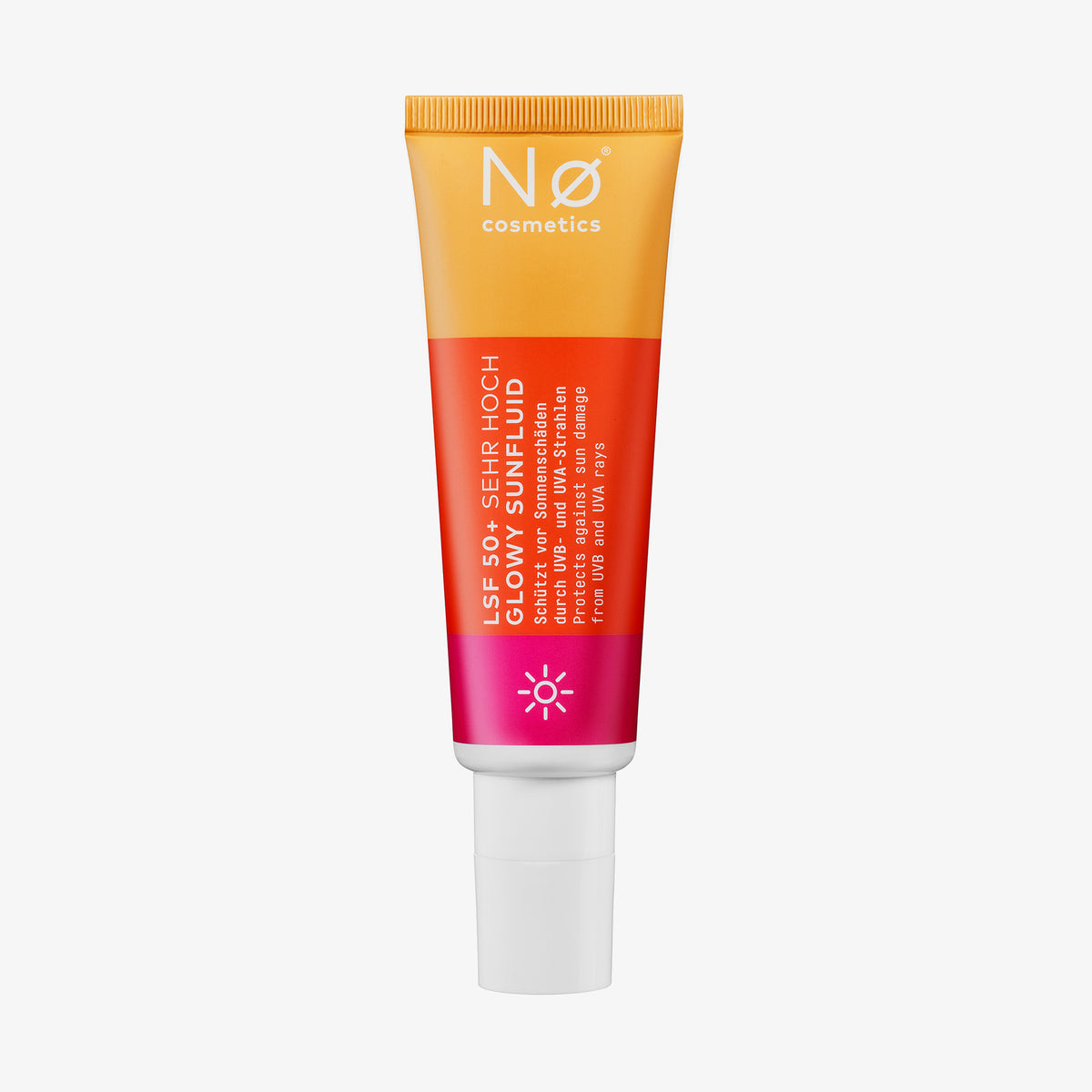 Eine Tube Safe Tøday LSF 50+ Glowy Sunfluid mit einem Farbverlaufsdesign von Orange nach Pink auf weißem Hintergrund.