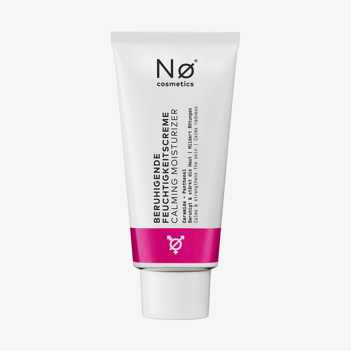 Weiße Tube der Nø Cosmetics Strong Tøday Beruhigende Feuchtigkeitscreme mit rosa Akzent und deutschem Text auf der Vorderseite.