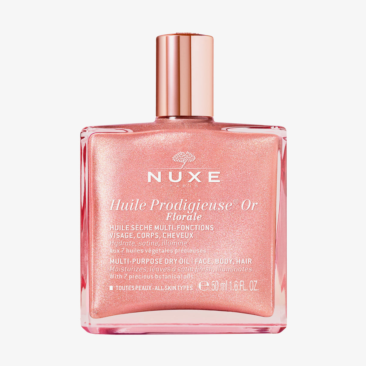 Eine Flasche NUXE Huile Prodigieuse® Or Florale schimmerndes Trockenöl für Gesicht, Körper und Haar.