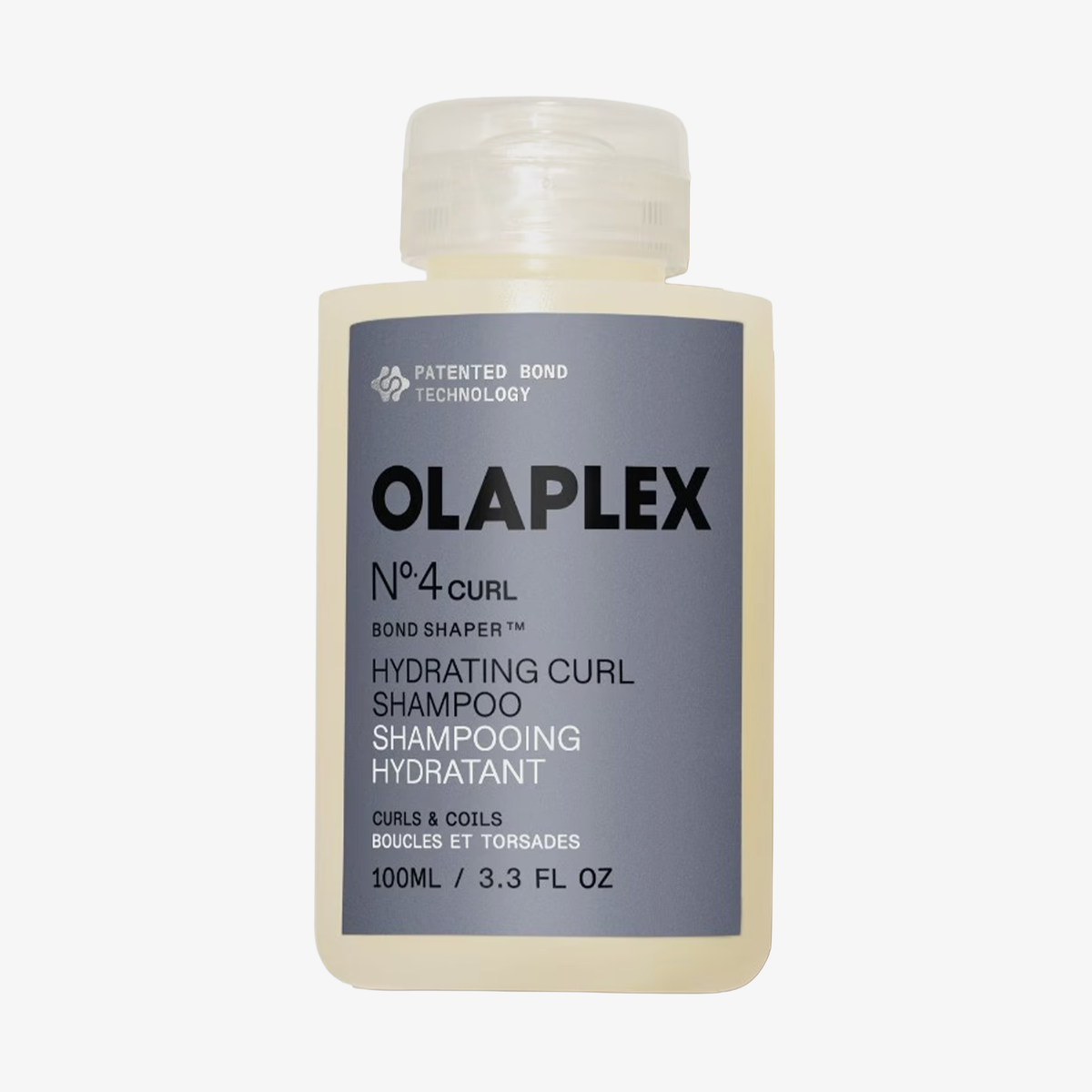 Eine 100-ml-Flasche OLAPLEX N°4 CURLBond Shaper Hydrating Curl Shampoo mit grauem Etikett und durchsichtigem Verschluss.