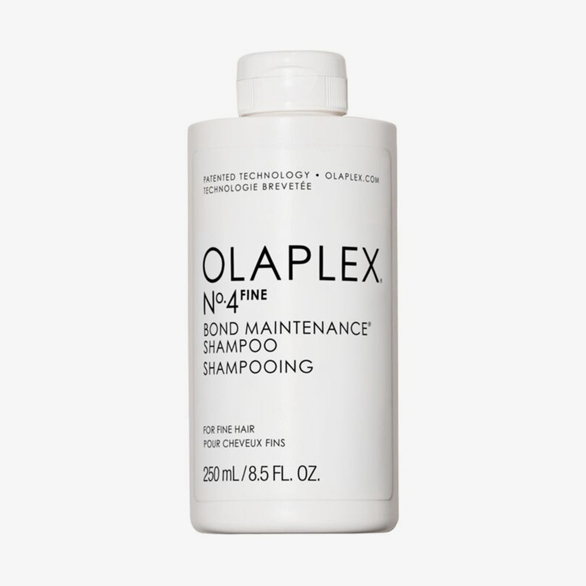 Weiße Flasche OLAPLEX N°4 FINE Bond Maintenance Shampoo mit schwarzem Text auf weißem Hintergrund.