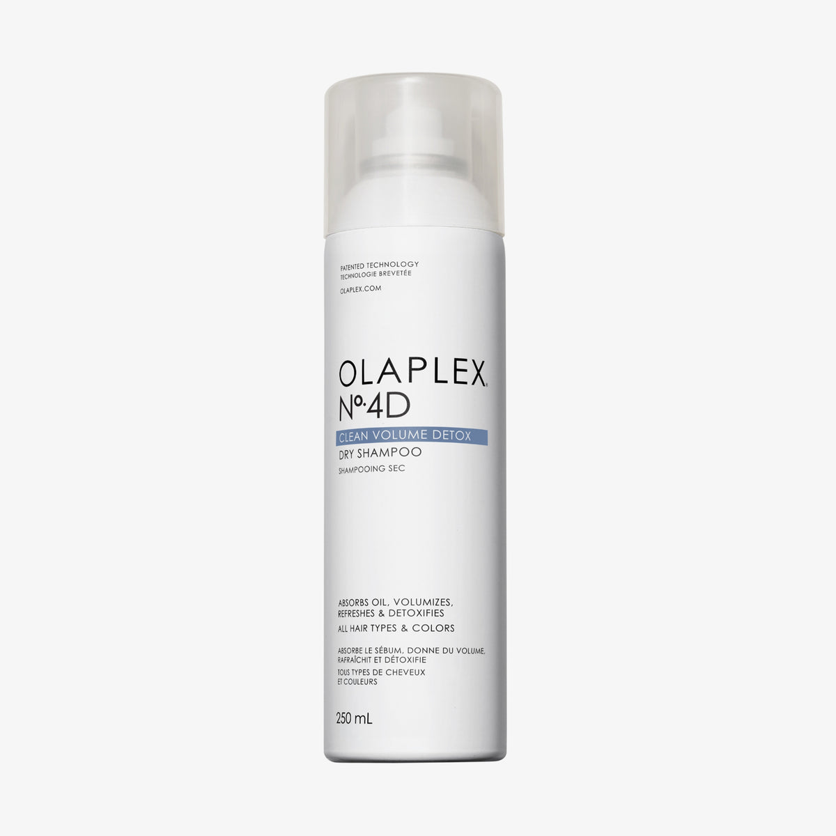 Weiße Dose N° 4D Clean Volume Detox Dry Shampoo, 250 ml, mit durchsichtiger Kappe vor weißem Hintergrund.