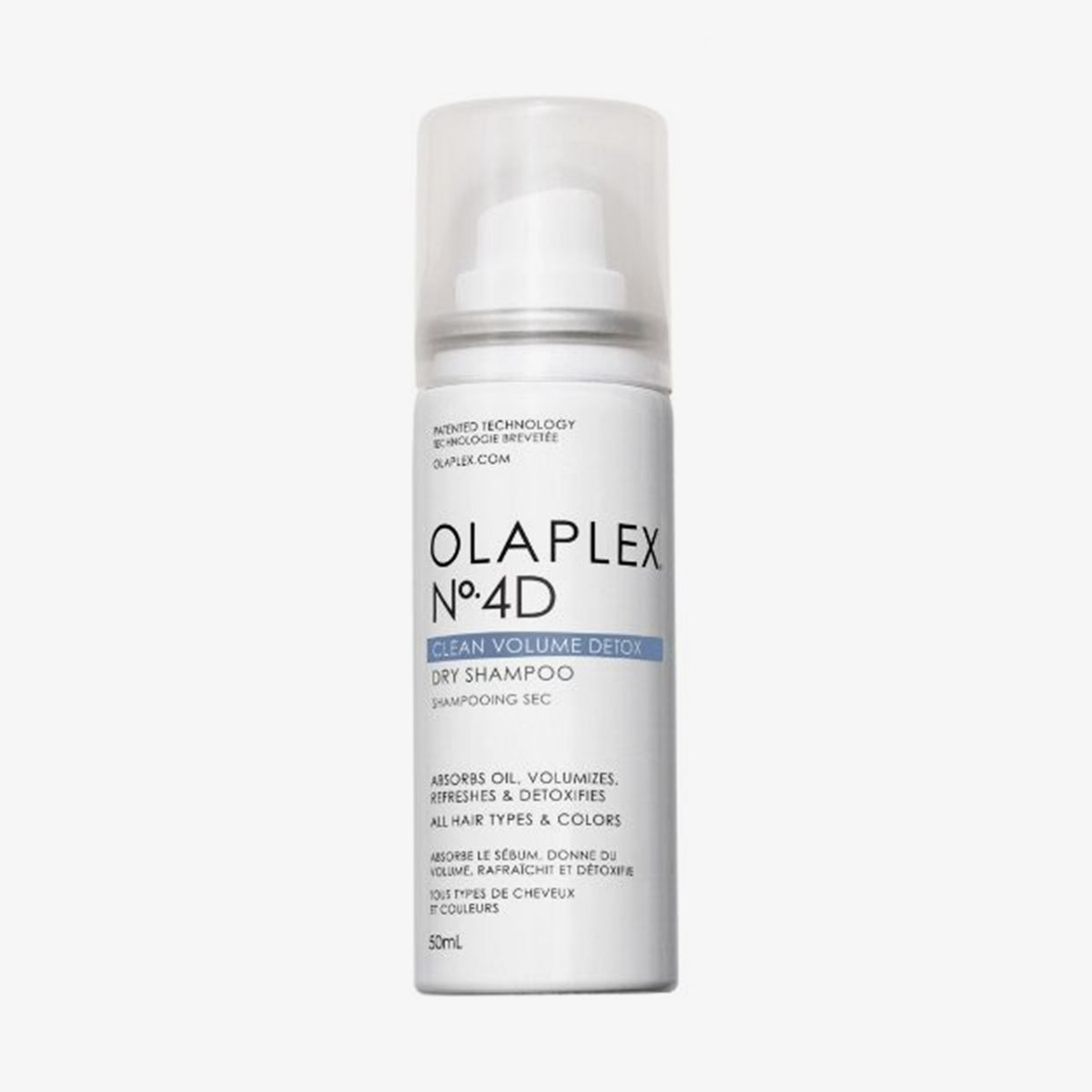Weiße Dose N° 4D Clean Volume Detox Dry Shampoo, 50 ml, mit durchsichtiger Kappe vor weißem Hintergrund.