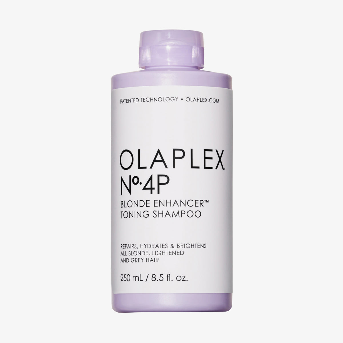 Eine lavendelfarbene 250-ml-Flasche N°4P Blond Enhancer Toning Shampoo mit weißem Etikett vor weißem Hintergrund.
